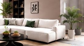 A warm living room with a neutral sofa, natural wood and green plants